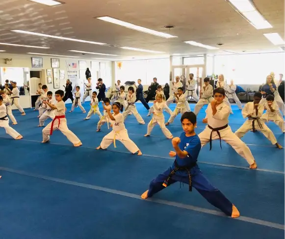 A group of students practicing self-defense techniques in a classroom setting at the American Academy Of Self Defense.